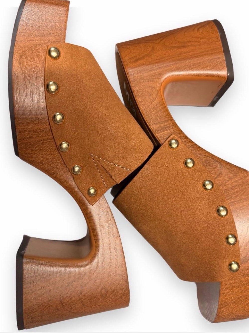 MIA Emmerie Studded Wooden Platform Slide Sandals Clogs in Camel Brown - Size 8